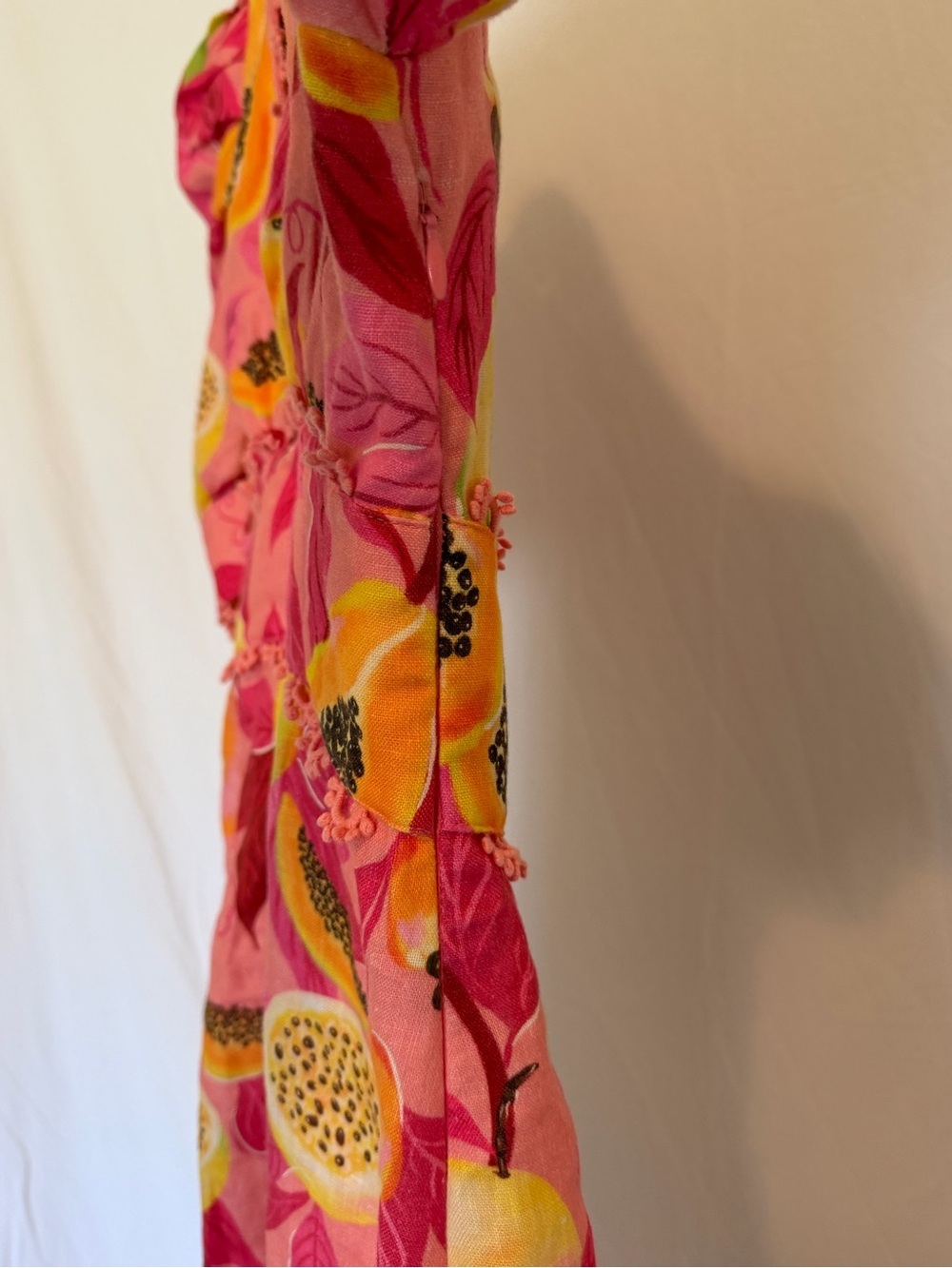 Farm Rio Pink Tropical Fruit Print Linen Blend Midi Dress XS Puff Sleeve READ - Picture 14 of 14